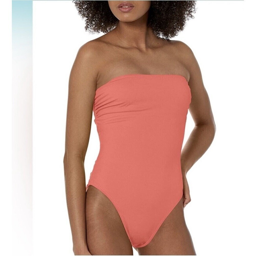 Norma Kamali Bishop Strapless One Piece Tube Swimsuit coral pink papaya XL